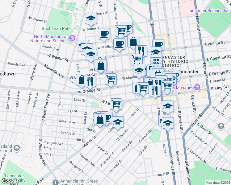 map of restaurants, bars, coffee shops, grocery stores, and more near 431 West Grant Street in Lancaster