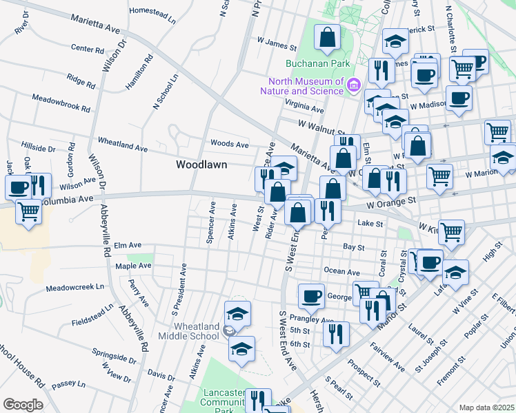 map of restaurants, bars, coffee shops, grocery stores, and more near 946 Columbia Avenue in Lancaster