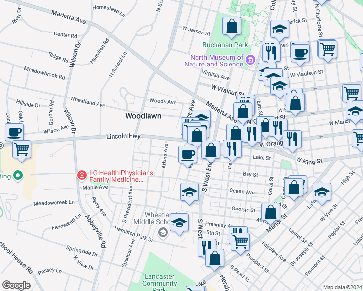 map of restaurants, bars, coffee shops, grocery stores, and more near 942 Columbia Avenue in Lancaster