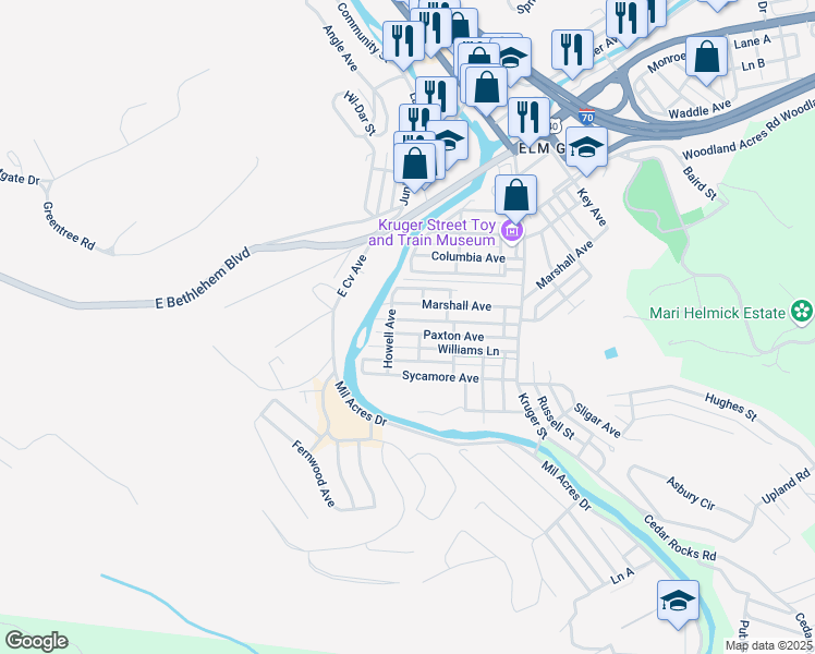 map of restaurants, bars, coffee shops, grocery stores, and more near 156 Paxton Ave in Wheeling