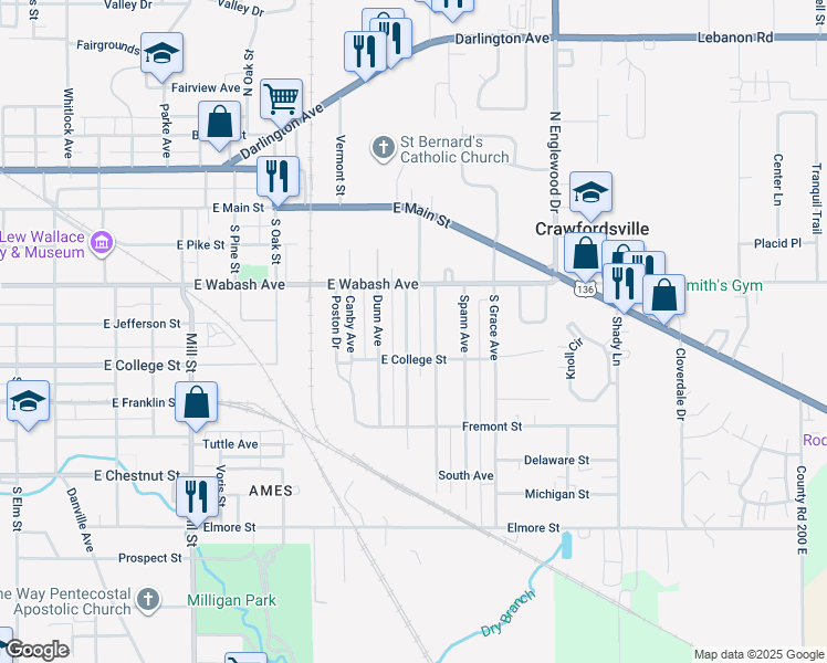 map of restaurants, bars, coffee shops, grocery stores, and more near 408 Wilson Avenue in Crawfordsville