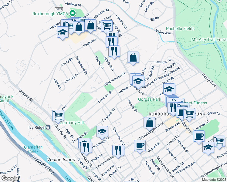 map of restaurants, bars, coffee shops, grocery stores, and more near 381 Lemonte Street in Philadelphia