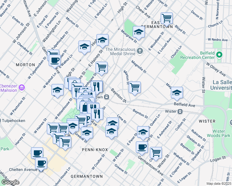 map of restaurants, bars, coffee shops, grocery stores, and more near Baynton Street in Philadelphia