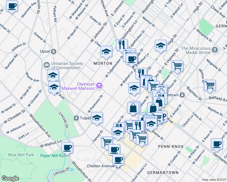 map of restaurants, bars, coffee shops, grocery stores, and more near 143 West Walnut Lane in Philadelphia