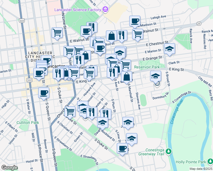 map of restaurants, bars, coffee shops, grocery stores, and more near 449 South Plum Street in Lancaster