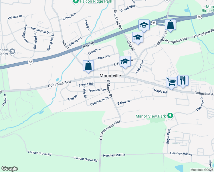 map of restaurants, bars, coffee shops, grocery stores, and more near 66 South Manor Street in Mountville