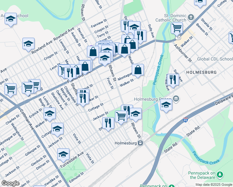 map of restaurants, bars, coffee shops, grocery stores, and more near 4312 Rhawn Street in Philadelphia
