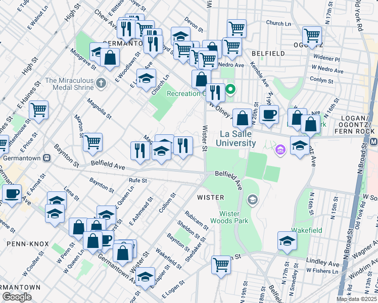 map of restaurants, bars, coffee shops, grocery stores, and more near 550 East Ashmead Street in Philadelphia