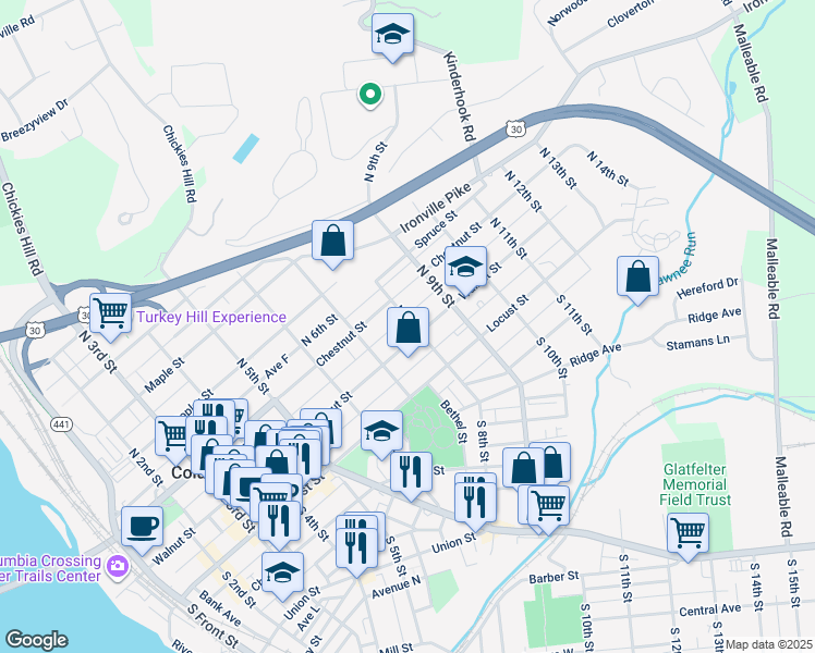 map of restaurants, bars, coffee shops, grocery stores, and more near 116 North 8th Street in Columbia