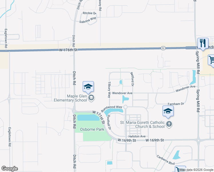 map of restaurants, bars, coffee shops, grocery stores, and more near 1055 Swinton Way in Westfield