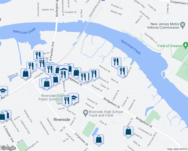 map of restaurants, bars, coffee shops, grocery stores, and more near 410 Filmore Street in Riverside