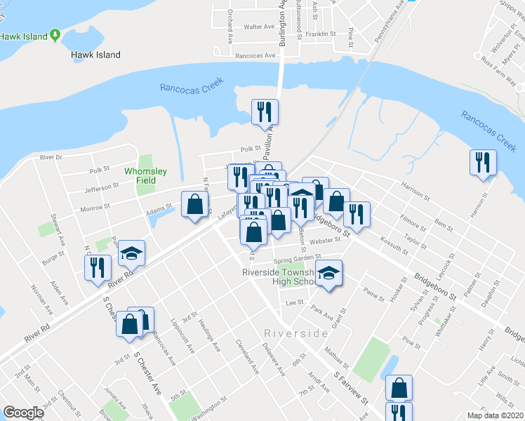 map of restaurants, bars, coffee shops, grocery stores, and more near 1 East Scott Street in Riverside