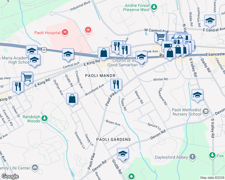 map of restaurants, bars, coffee shops, grocery stores, and more near 38 Fairview Road in Paoli