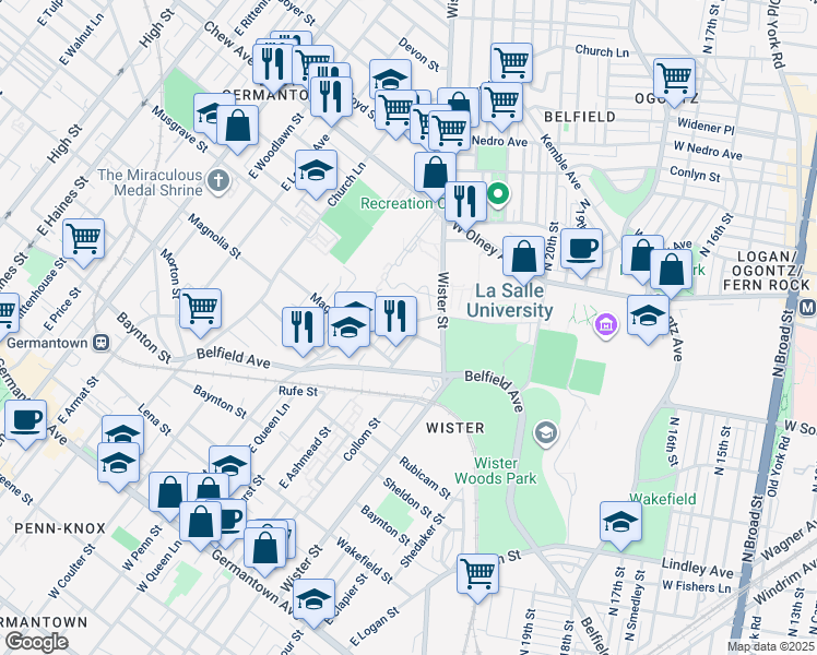 map of restaurants, bars, coffee shops, grocery stores, and more near 550 East Ashmead Street in Philadelphia