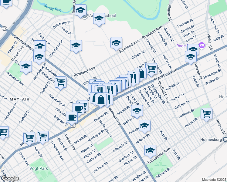 map of restaurants, bars, coffee shops, grocery stores, and more near 3536 Tudor Street in Philadelphia