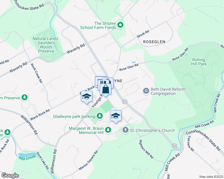 map of restaurants, bars, coffee shops, grocery stores, and more near 336 Conshohocken State Road in Gladwyne