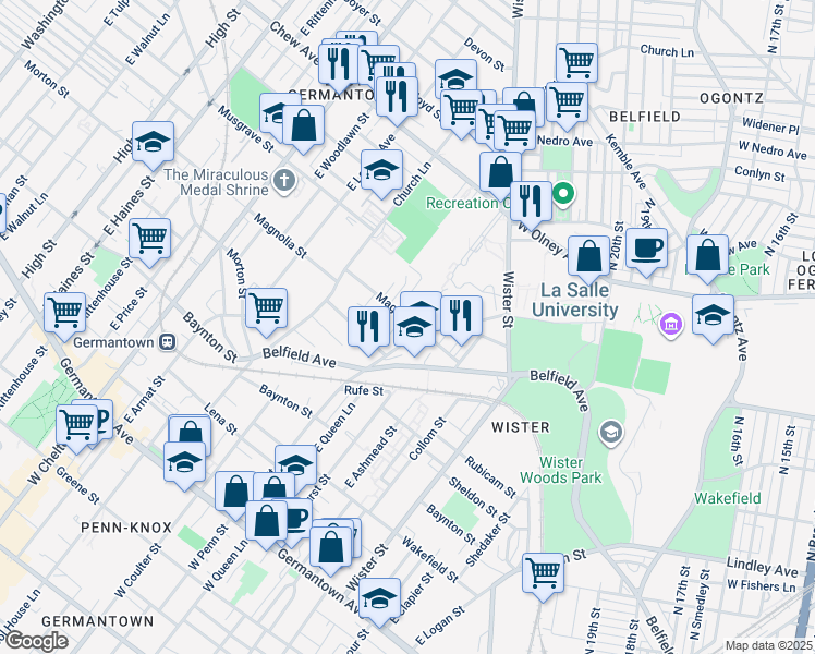 map of restaurants, bars, coffee shops, grocery stores, and more near 493 East Penn Street in Philadelphia