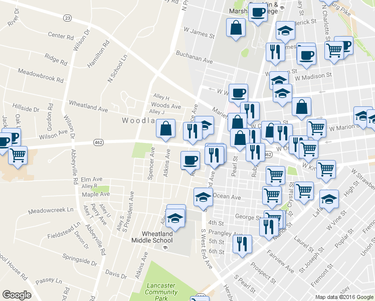 map of restaurants, bars, coffee shops, grocery stores, and more near 942 Columbia Avenue in Lancaster