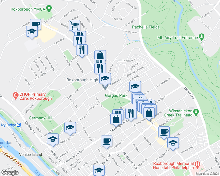 map of restaurants, bars, coffee shops, grocery stores, and more near 6437 Ridge Ave in Philadelphia