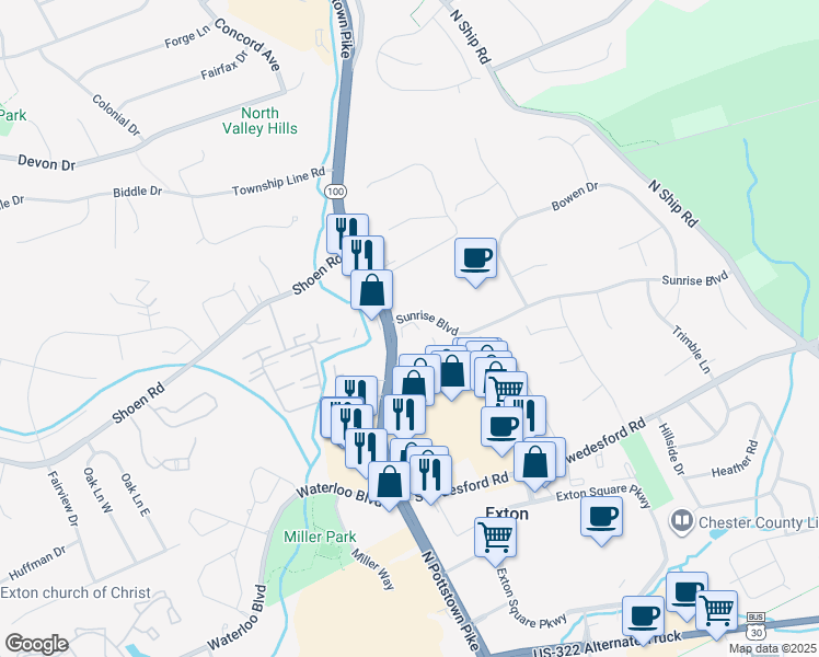 map of restaurants, bars, coffee shops, grocery stores, and more near 337 North Pottstown Pike in Exton