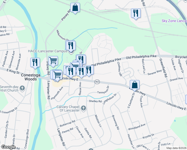 map of restaurants, bars, coffee shops, grocery stores, and more near 11a Michigan Avenue in Lancaster