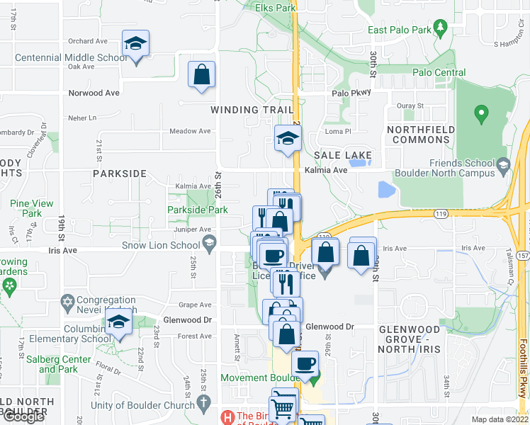 map of restaurants, bars, coffee shops, grocery stores, and more near 2685 Juniper Avenue in Boulder