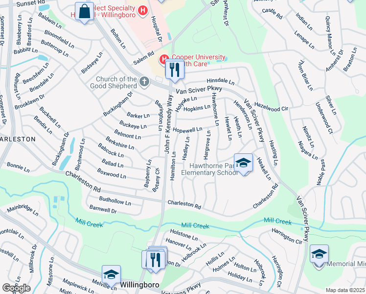map of restaurants, bars, coffee shops, grocery stores, and more near 41 Hadley Lane in Willingboro