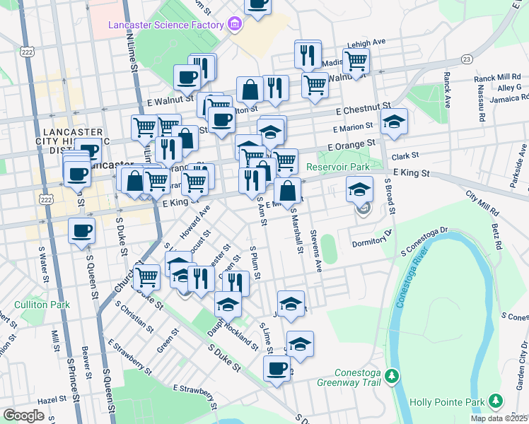 map of restaurants, bars, coffee shops, grocery stores, and more near 37 South Ann Street in Lancaster