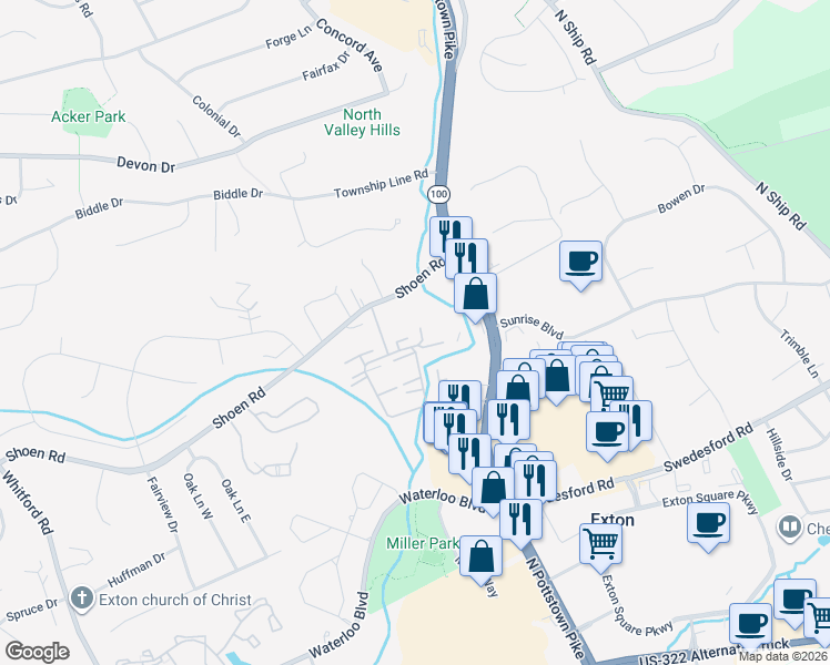 map of restaurants, bars, coffee shops, grocery stores, and more near 218A Apple Drive in Exton