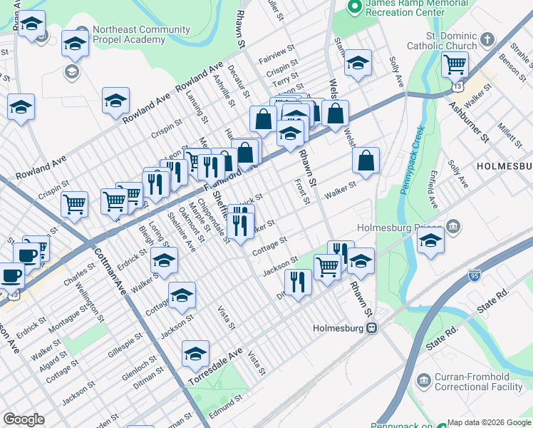 map of restaurants, bars, coffee shops, grocery stores, and more near 4227 Lansing Street in Philadelphia