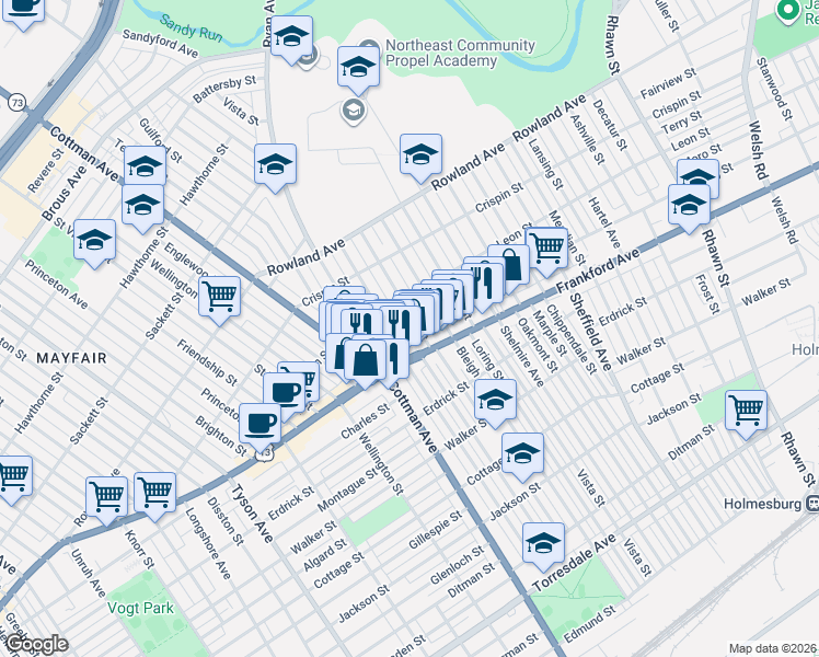 map of restaurants, bars, coffee shops, grocery stores, and more near 3551 Tudor Street in Philadelphia