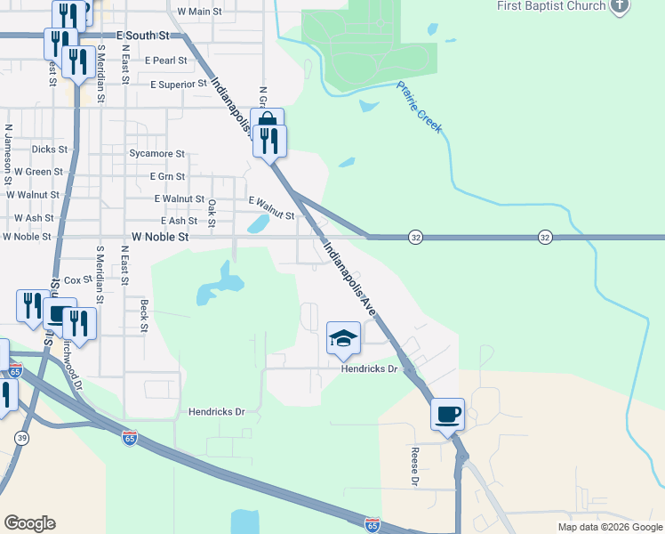 map of restaurants, bars, coffee shops, grocery stores, and more near 1124 Indianapolis Avenue in Lebanon