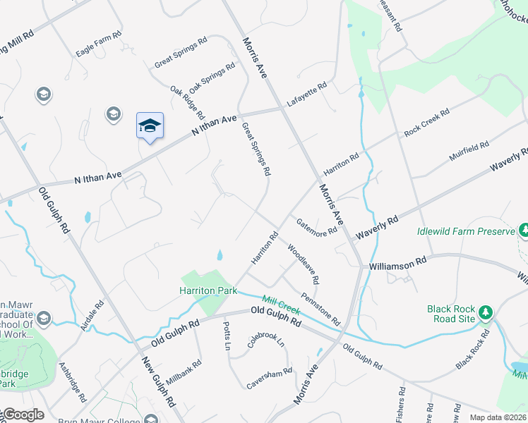 map of restaurants, bars, coffee shops, grocery stores, and more near 715 Woodleave Road in Bryn Mawr