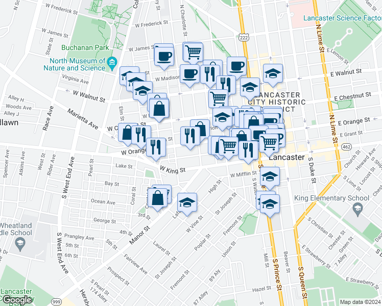 map of restaurants, bars, coffee shops, grocery stores, and more near 417 West Grant Street in Lancaster