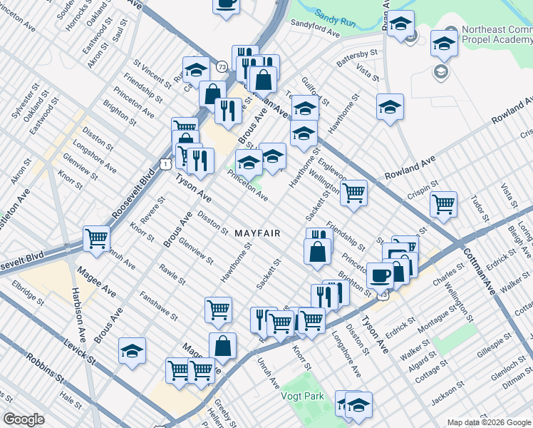map of restaurants, bars, coffee shops, grocery stores, and more near 3055 Brighton Street in Philadelphia
