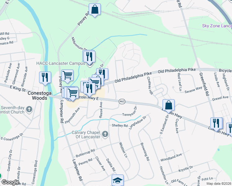 map of restaurants, bars, coffee shops, grocery stores, and more near 11a Michigan Avenue in Lancaster