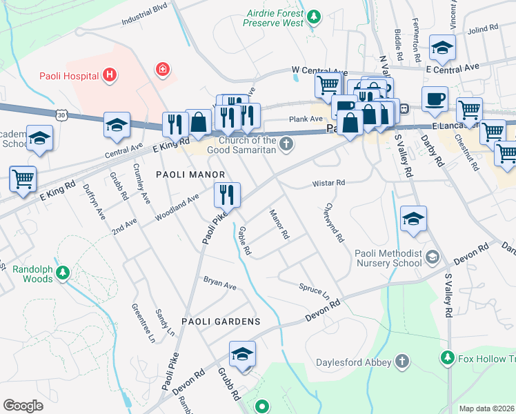 map of restaurants, bars, coffee shops, grocery stores, and more near 102 Manor Road in Paoli