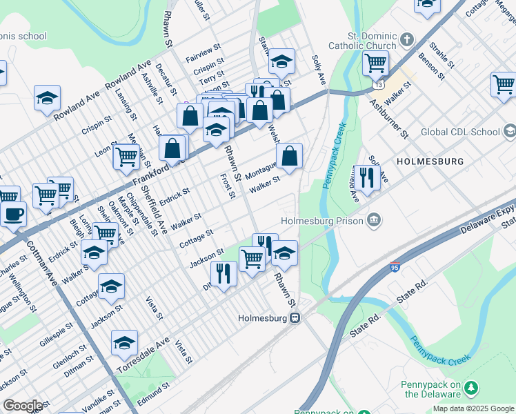 map of restaurants, bars, coffee shops, grocery stores, and more near 8014 Cottage Street in Philadelphia
