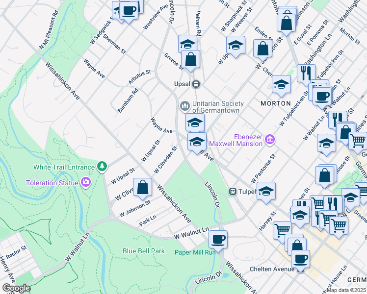 map of restaurants, bars, coffee shops, grocery stores, and more near 610 West Upsal Street in Philadelphia