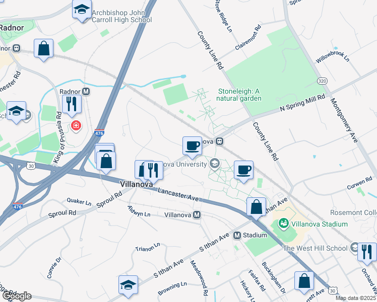 map of restaurants, bars, coffee shops, grocery stores, and more near 200 Hilldale Road in Villanova