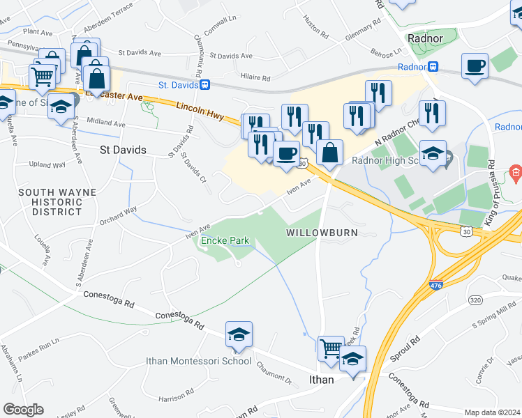 map of restaurants, bars, coffee shops, grocery stores, and more near 287 Iven Avenue in Wayne
