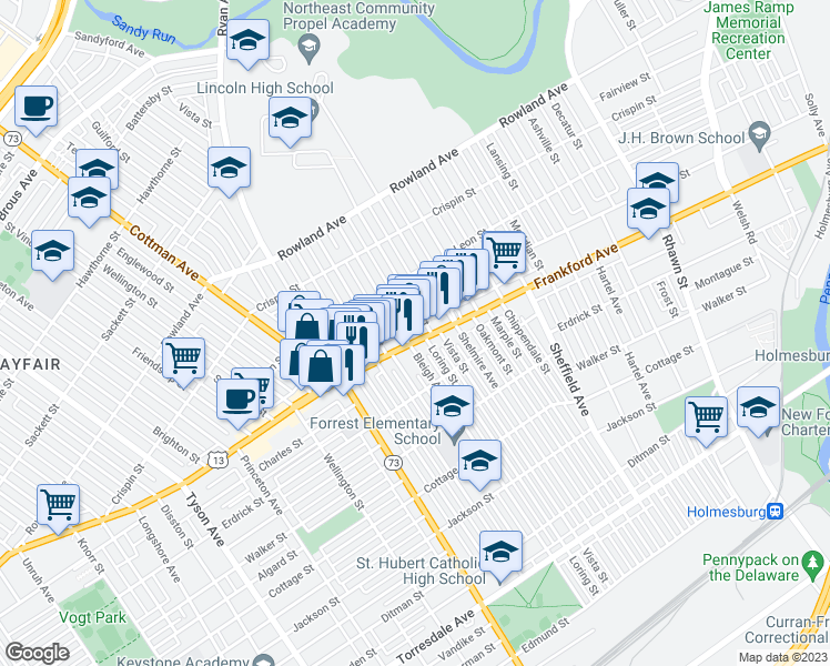map of restaurants, bars, coffee shops, grocery stores, and more near 7406 Frankford Avenue in Philadelphia