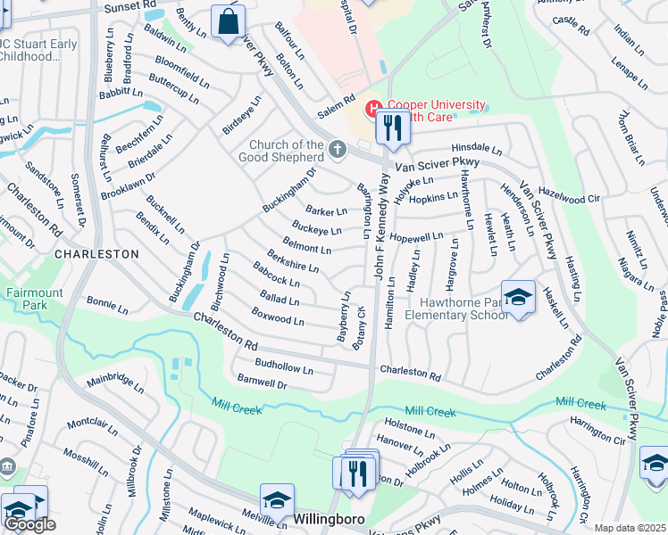 map of restaurants, bars, coffee shops, grocery stores, and more near 10 Burgess Lane in Willingboro