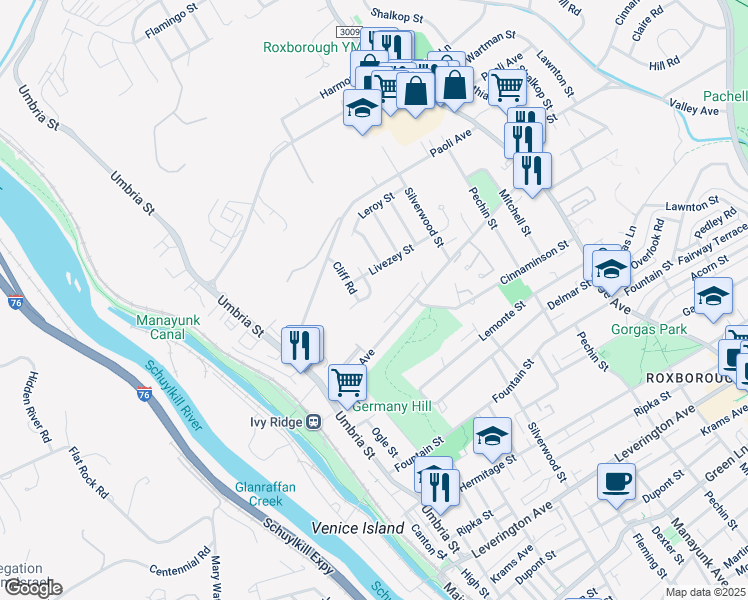 map of restaurants, bars, coffee shops, grocery stores, and more near 327 Lodge Road in Philadelphia
