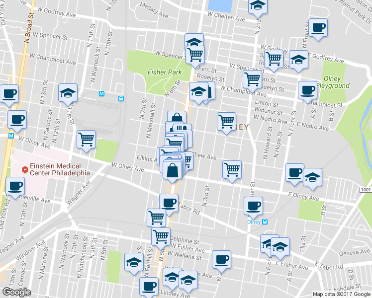 map of restaurants, bars, coffee shops, grocery stores, and more near 433 West Chew Avenue in Philadelphia