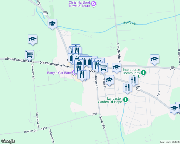 map of restaurants, bars, coffee shops, grocery stores, and more near in Intercourse