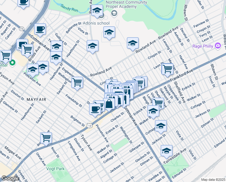 map of restaurants, bars, coffee shops, grocery stores, and more near 3452 Ryan Avenue in Philadelphia