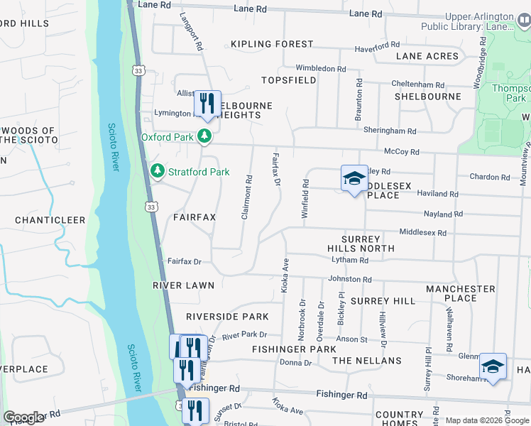 map of restaurants, bars, coffee shops, grocery stores, and more near 4117 Fairfax Drive in Columbus