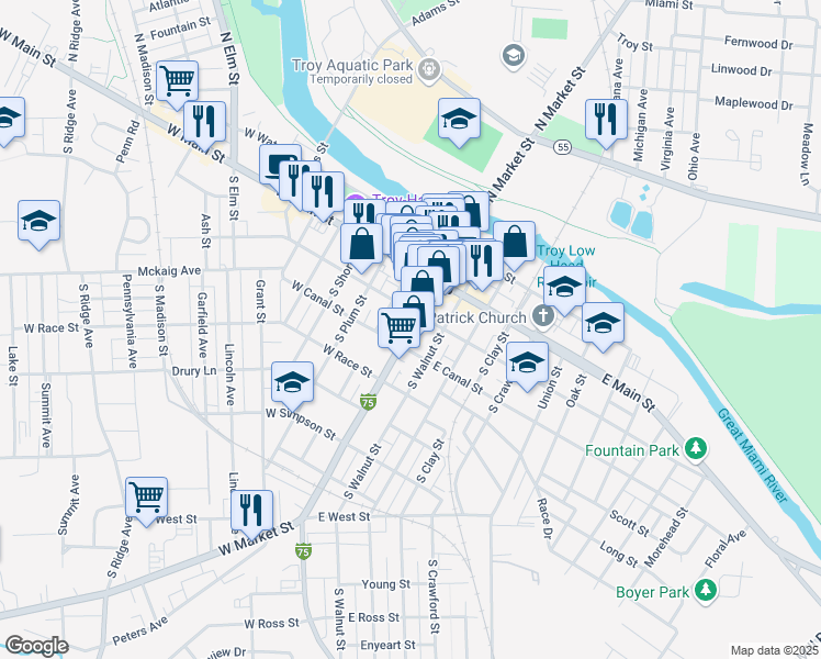 map of restaurants, bars, coffee shops, grocery stores, and more near 117 South Market Street in Troy