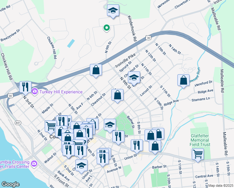 map of restaurants, bars, coffee shops, grocery stores, and more near 116 North 8th Street in Columbia